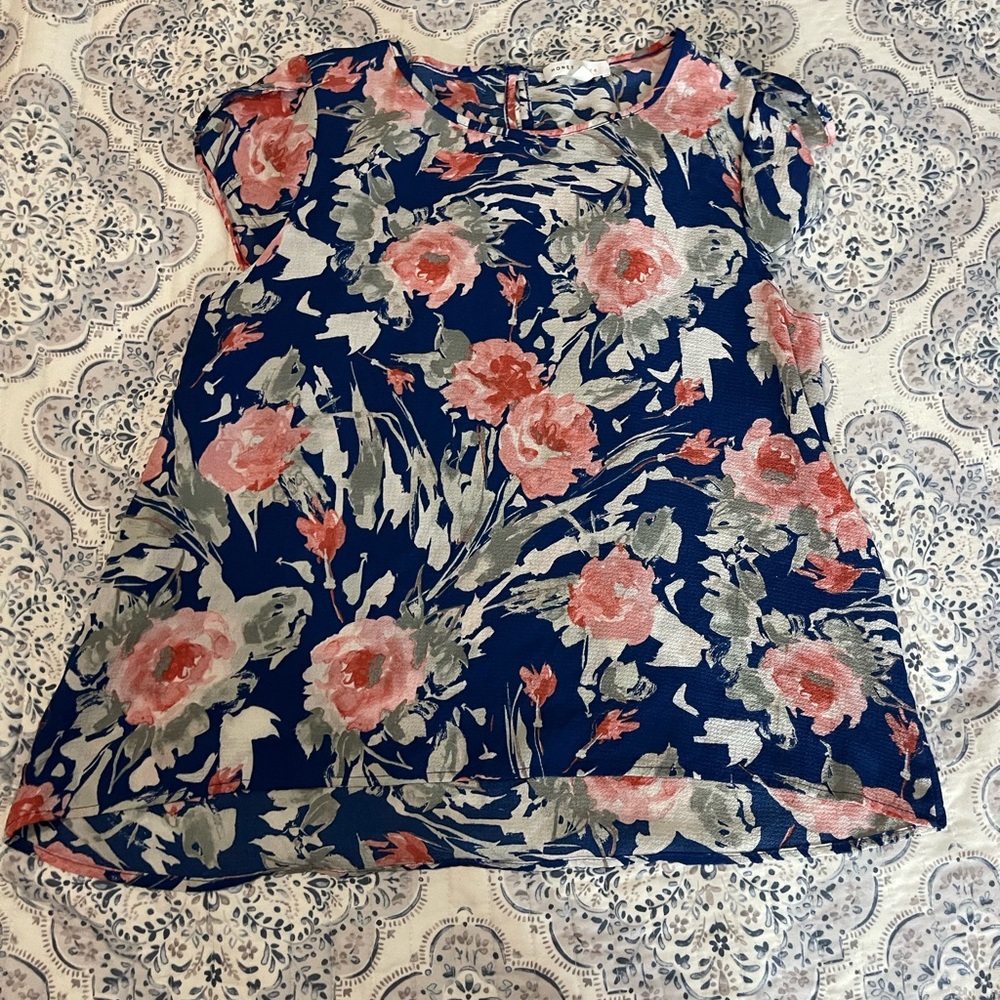 Elegant Floral Women's Blouse - Navy and Coral